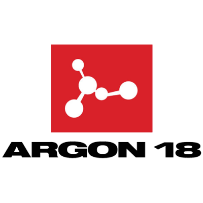 Logótipo ARGON 18 com estrutura molecular branca sobre fundo vermelho e texto preto