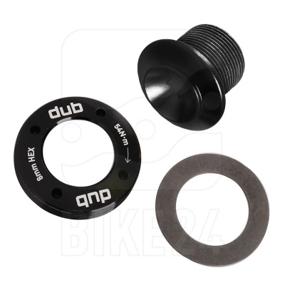 Componentes para bicicleta pretos com texto 'dub', '8mm HEX' e '54N-m'