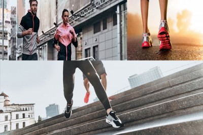 Pessoas a correr em ambiente urbano com roupas e sapatilhas desportivas