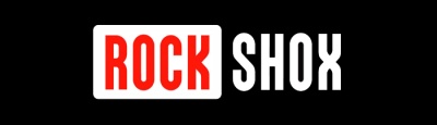 Logótipo ROCK SHOX com palavras em caixa alta, ROCK em vermelho em fundo branco e SHOX em branco em fundo preto