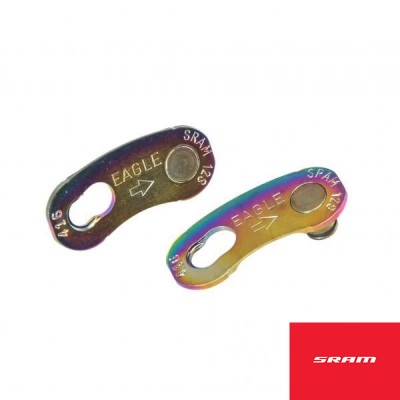 Duas ligações rápidas metálicas para corrente de bicicleta com a marca SRAM e texto EAGLE 12S