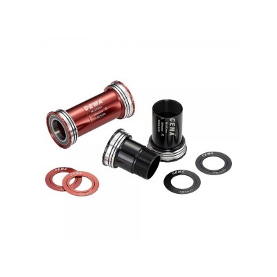Peças de movimento central para bicicleta, em vermelho e preto, com texto CEMA