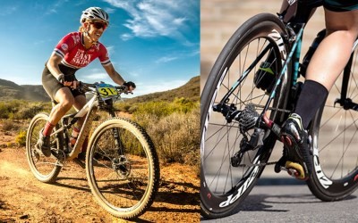 Duas imagens de bicicletas, uma de montanha com ciclista e outra de estrada com ciclista