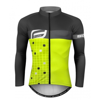 Camisola de ciclismo manga comprida preta, cinzenta e amarelo fluorescente com padrão e texto