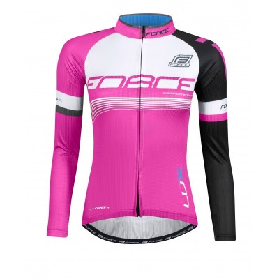 Camisola de ciclismo rosa, branca e preta com fecho frontal e manga longa