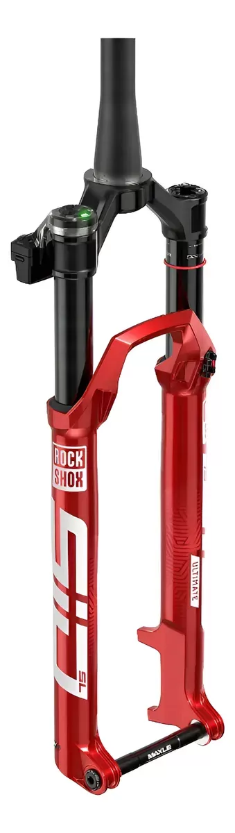Suspensão de bicicleta RockShox vermelha com tubo preto