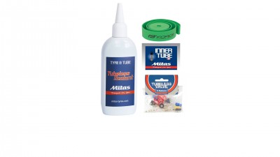 Kit de manutenção com tubo de líquido e câmaras de ar Mitas para bicicleta