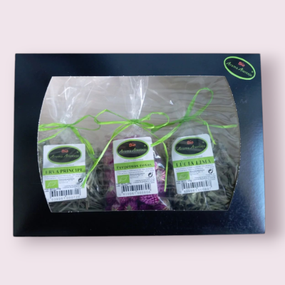 Caixa presente com três embalagens de infusões biológicas Bio Aroma Alentejo