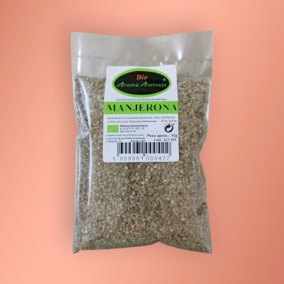 Pacote transparente de manjerona seca com rótulo Bio Aroma Alentejo