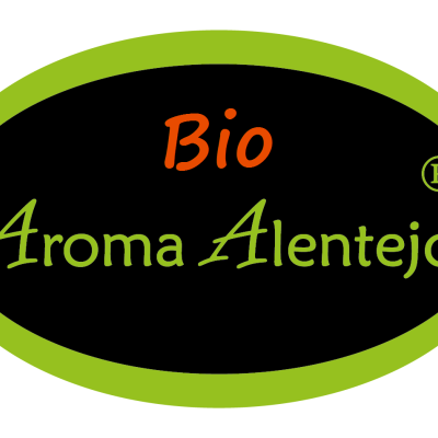 Logótipo oval Bio Aroma Alentejo com fundo preto e borda verde-limão