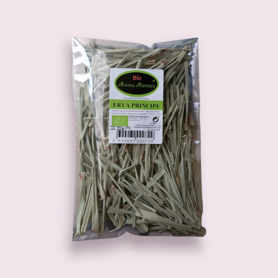 Pacote plástico transparente com erva principe seca e etiqueta com texto Bio Aroma Alentejo