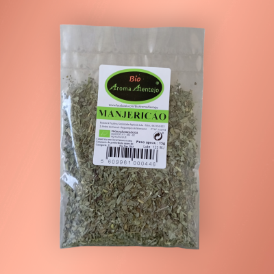 Pacote com folhas secas de manjericão da marca Bio Aroma Alentejo