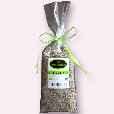 Saco transparente com erva seca e etiqueta Bio Aroma Alentejo Alfazema