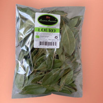 Pacote transparente de folhas de louro secas com etiqueta bio Aroma Alentejo