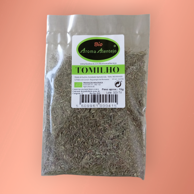 Pacote de tomilho seco orgânico com etiqueta Bio Aroma Alentejo