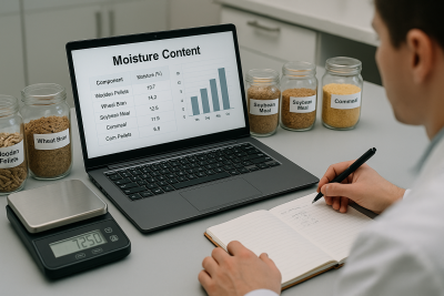 Computador portátil e frascos de ingredientes com balança e pessoa a escrever num ambiente de laboratório