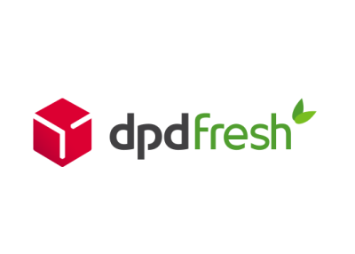 Logótipo dpd fresh com cubo vermelho e texto em cinzento e verde