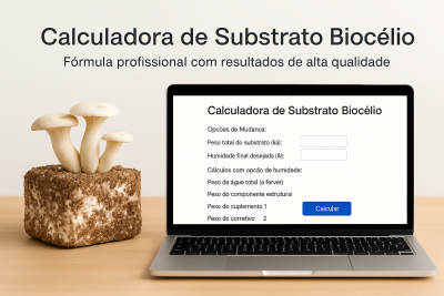 Computador com calculadora de substrato biocélio ao lado de bloco com cogumelos brancos