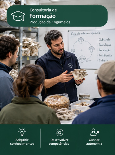 Formação em produção de cogumelos com instrutor e alunos em ambiente de cultivo