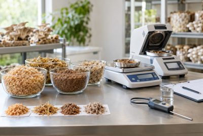 Mesa de laboratório com amostras de matéria vegetal seca e equipamento de medição em ambiente claro de laboratório