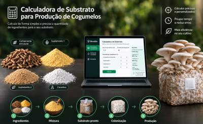Calculadora de substrato para cogumelos com ingredientes pó, pellets, laptop e bloco de substrato com cogumelos brancos