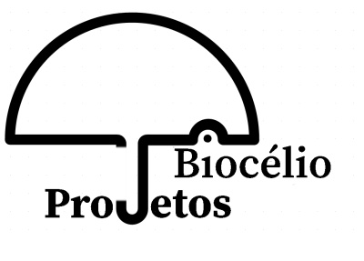 Logótipo em preto e branco com texto 'Projetos Biocélio' e guarda-chuva estilizado