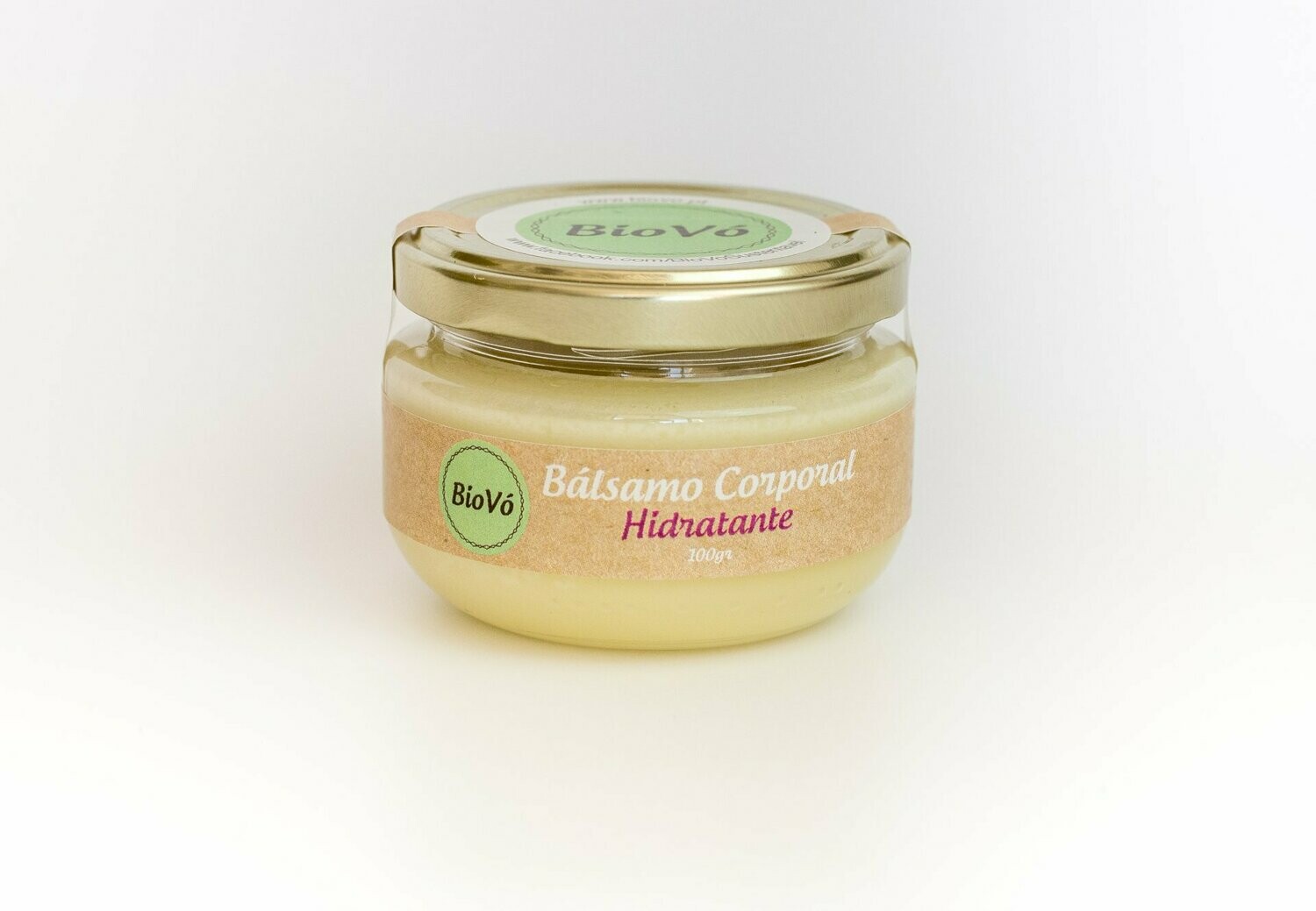 Bálsamos Corporal Hidratante Pote de bálsamo corporal hidratante BioVô com tampa dourada sobre fundo branco