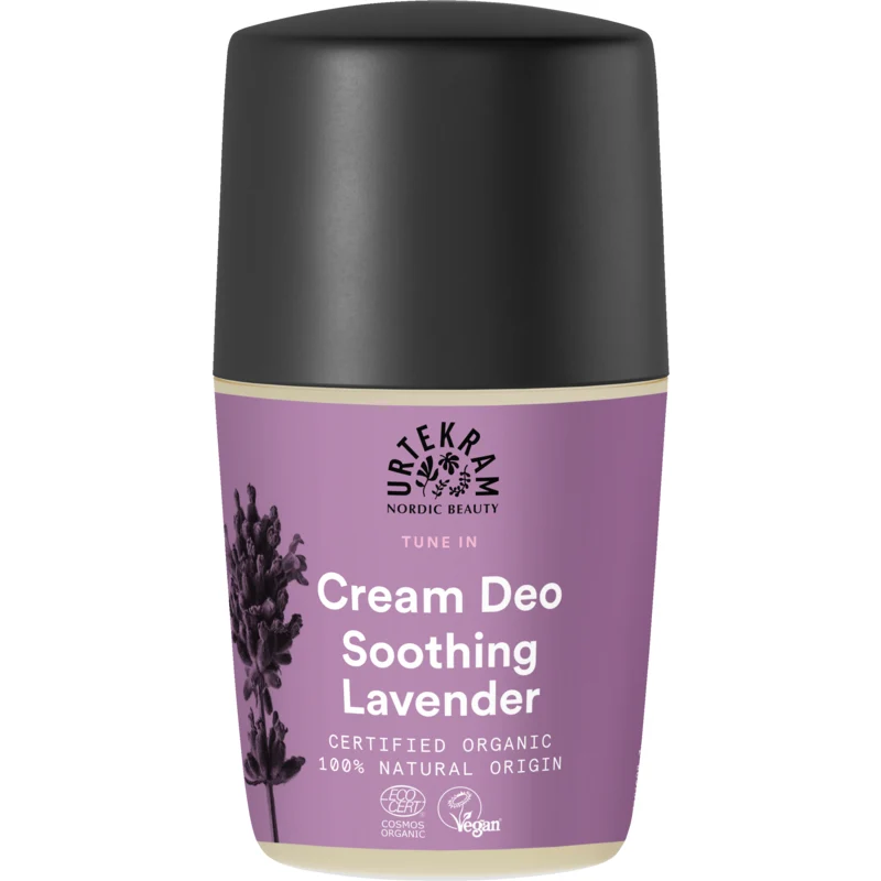 Desodorizante Natural Roll-on Urtekram Desodorizante creme lavender da Urtekram com embalagem roxa e tampa preta