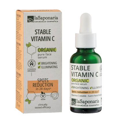 Vitamina C - antioxidante Frasco de serum facial e caixa da laSaponaria com texto sobre vitamina C orgânica e redução de manchas