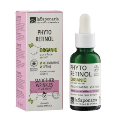 Frasco de serum facial Phyto Retinol orgânico da laSaponaria e sua caixa com texto e logos de certificação