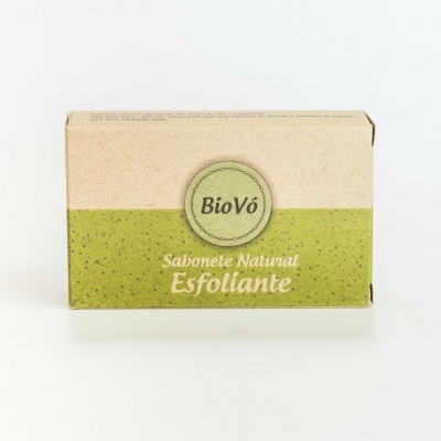 Sabonete Natural Esfoliante BioVó em embalagem bege e verde