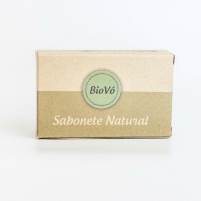 Embalagem de sabonete natural BioVó em tons castanhos e bege