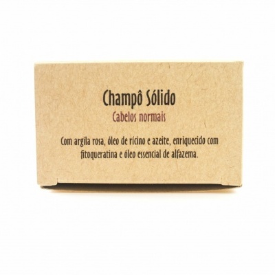 Embalagem castanha de champô sólido para cabelos normais com texto descritivo