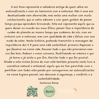 Texto sobre sabedoria e sustentabilidade com logótipos Jardim da Avó Rosa, BioVó e Between Intimates em fundo bege