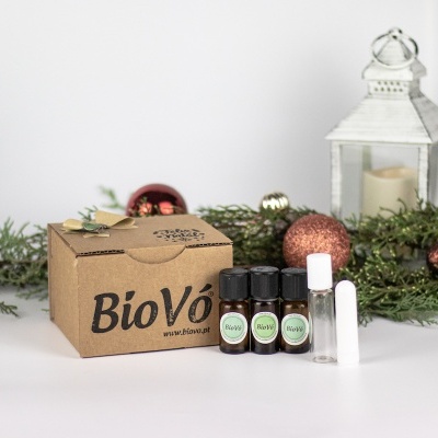 Produtos BioVó de vidro com caixa de cartão e decoração natalícia ao fundo