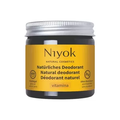 Frasco de desodorizante natural Niyok em vidro com rótulo amarelo