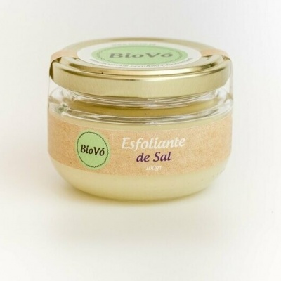 Pote de esfoliante de sal BioVó em vidro com tampa dourada