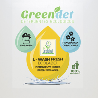 Rótulo de detergente ecológico Green det com certificação e instruções de uso