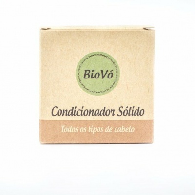 Embalagem de condicionador sólido BioVó em cartão bege com texto preto