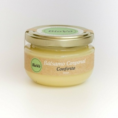 Frasco de bálsamo corporal BioVé com tampa dourada e rótulo branco e verde sobre fundo branco