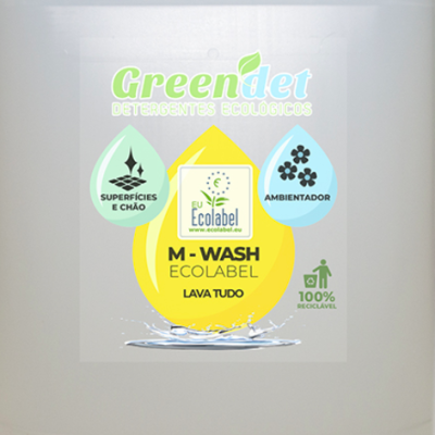 Etiqueta de detergente ecológico Green Det com texto e símbolos ecológicos