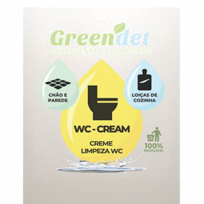 Embalagem do produto Green Det WC-Cream creme limpeza WC em plástico branco com texto e ícones coloridos.