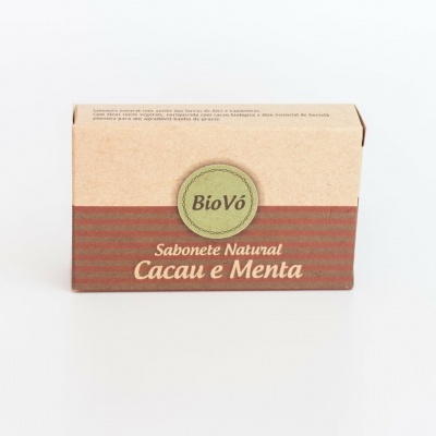 Embalagem de sabonete natural BioVó cacau e menta em papel reciclado