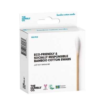 Embalagem branca de cotonetes ecológicos de bambu com texto e logótipos.