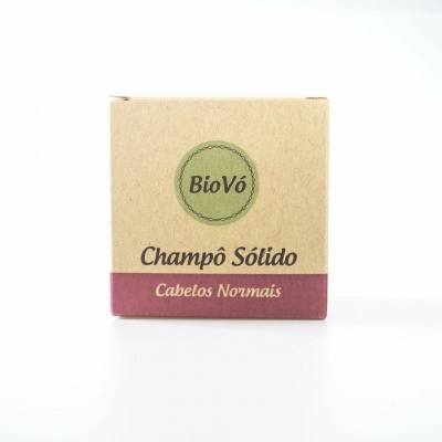 Caixa de champô sólido BioVó para cabelos normais em papel castanho com texto preto e vinho