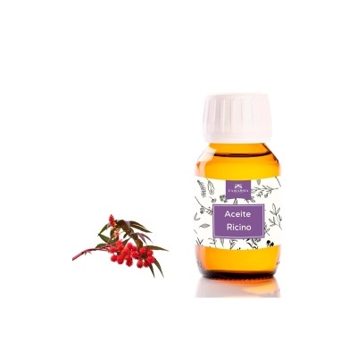 Frasco pequeno de óleo de rícino com etiqueta e ramo de plantas