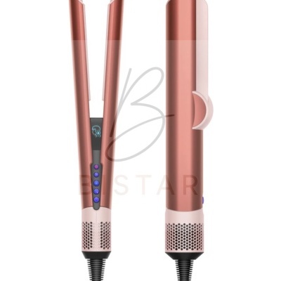 Prancha alisadora de cabelo rosa e cobre com visor digital e botões azuis