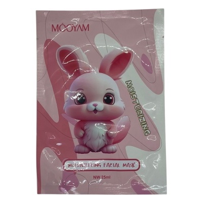 Máscara facial hidratante em embalagem rosa com coelho e texto