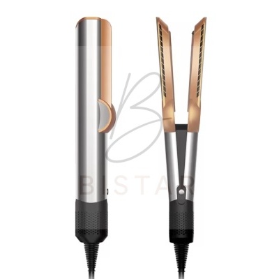 Prancha de cabelo metal cinza e cobre com pega preta e cabo elétrico