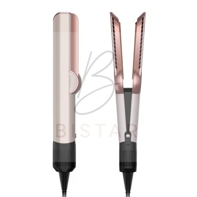 Prancha de cabelo cor-de-rosa com detalhes pretos e cabo preto